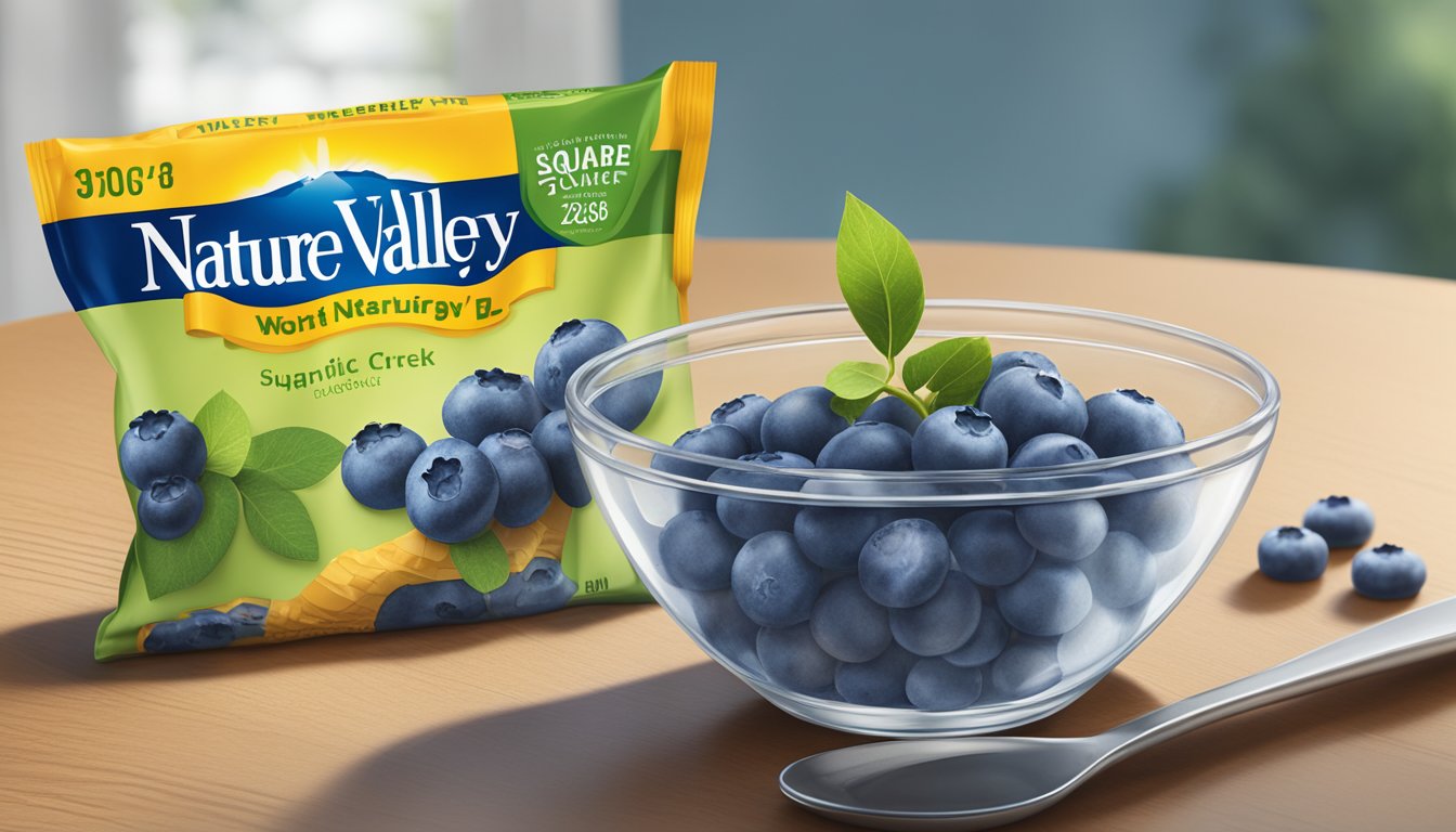 A table with a bowl of blueberries, a glass of water, and a Nature Valley blueberry square wrapper