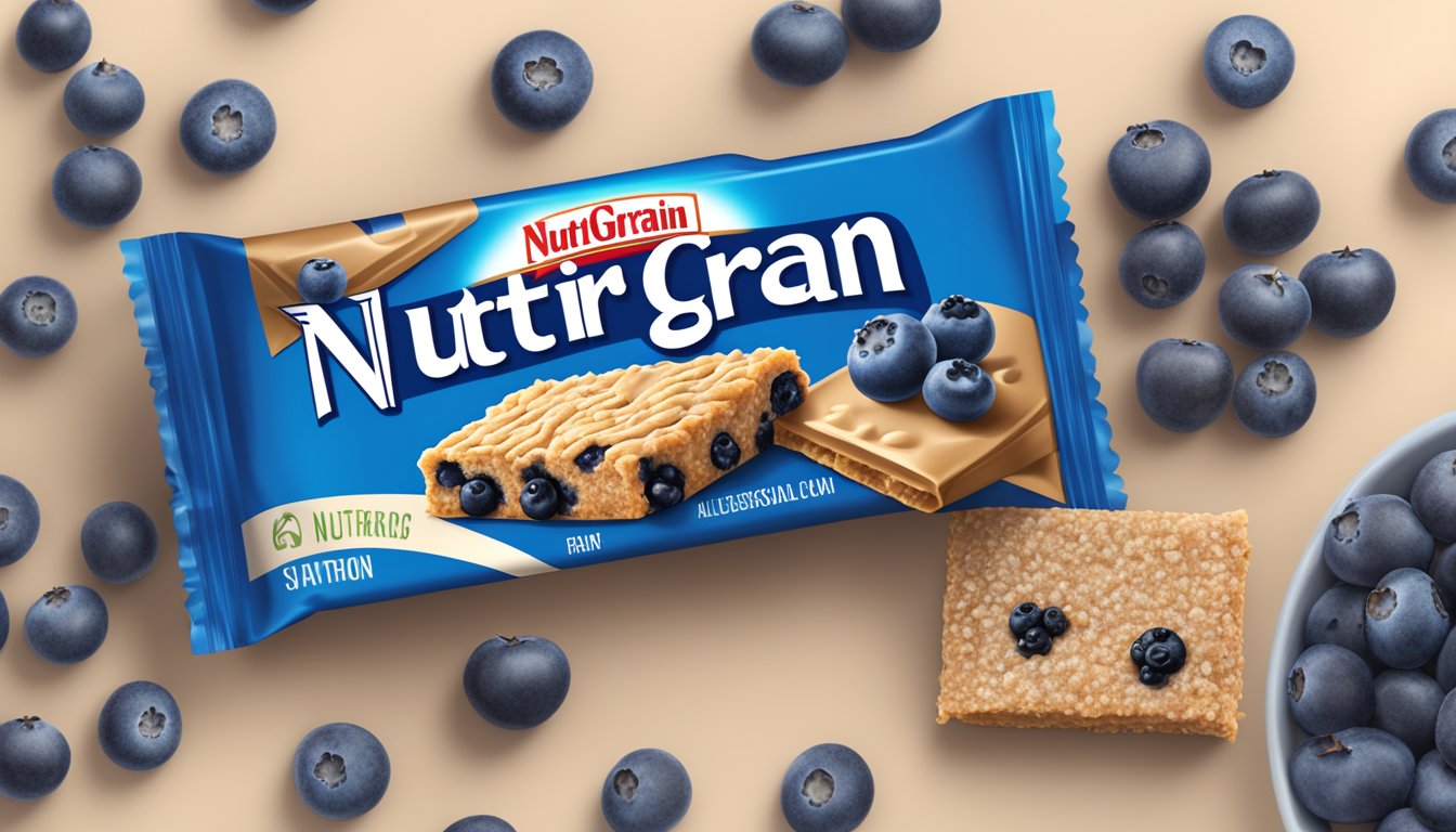 A table with a package of Nutri Grain blueberry bars, surrounded by scattered blueberries and a nutrition label