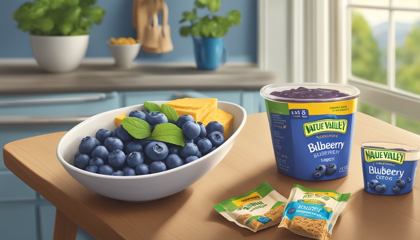 A table with a bowl of Nature Valley blueberry squares and a serving size measuring cup next to it