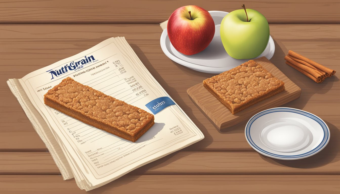 A table set with a Nutri Grain apple cinnamon bar, an apple, and a nutrition label