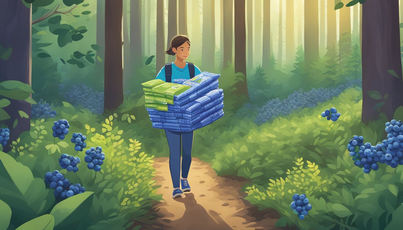 A person hiking through a lush forest, surrounded by tall trees and vibrant blueberry bushes, with a Nature Valley Blueberry Squares wrapper discarded on the ground