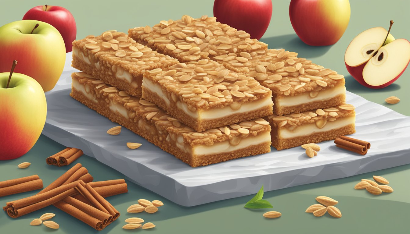 A stack of nutri grain apple cinnamon bars surrounded by scattered oats and apples