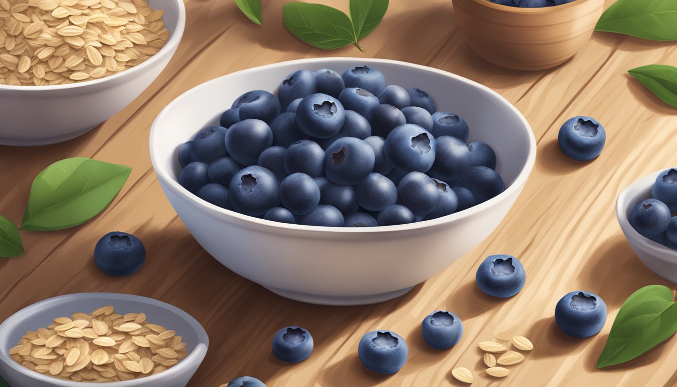 A bowl of Nature Valley blueberry squares surrounded by fresh blueberries and oats