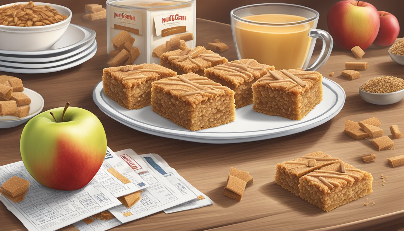 A table with a neatly arranged display of Nutri Grain apple cinnamon bars, surrounded by scattered micronutrient information cards