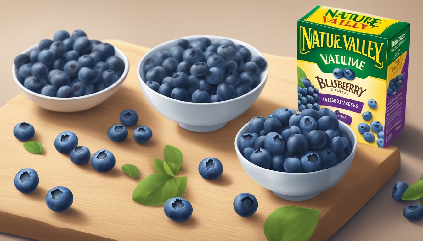 A table with a box of Nature Valley Blueberry Squares, surrounded by fresh blueberries and a measuring cup