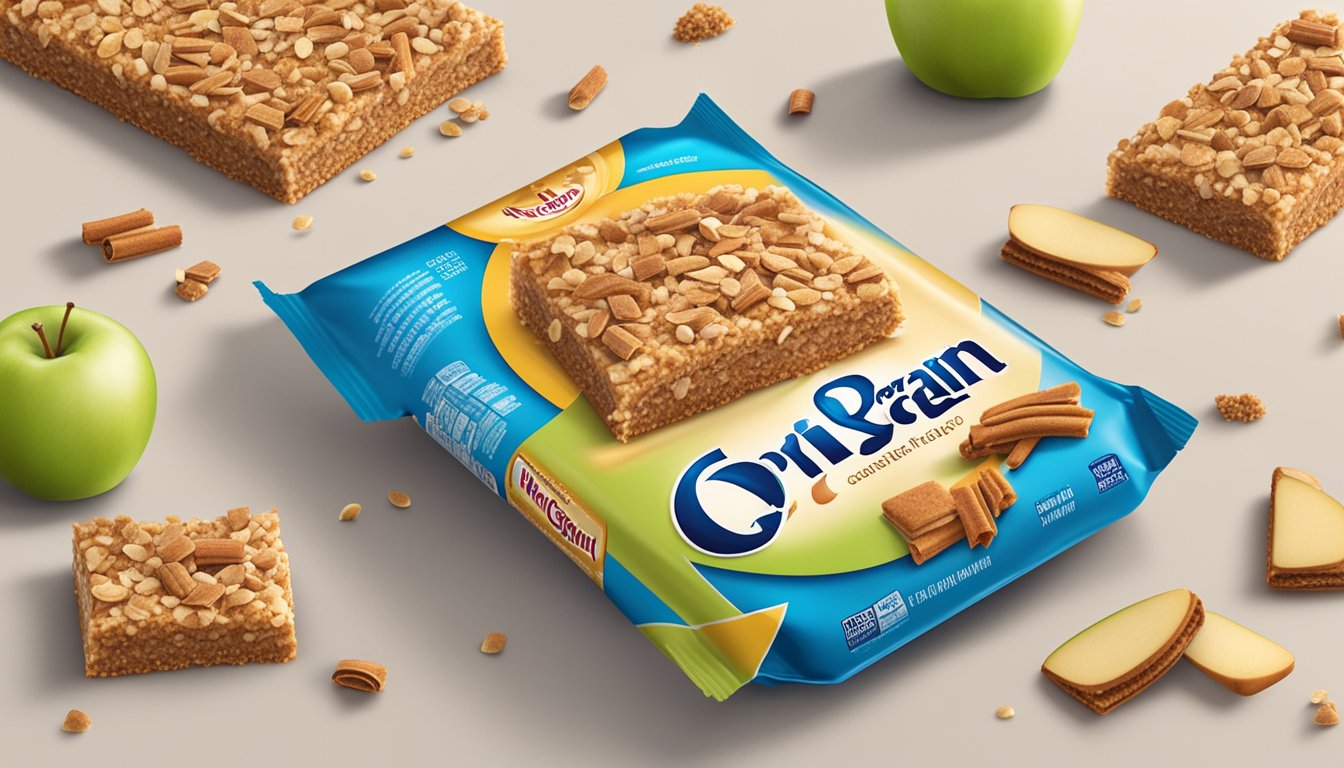 An open package of Nutri Grain apple cinnamon bars with one bar removed, surrounded by scattered crumbs