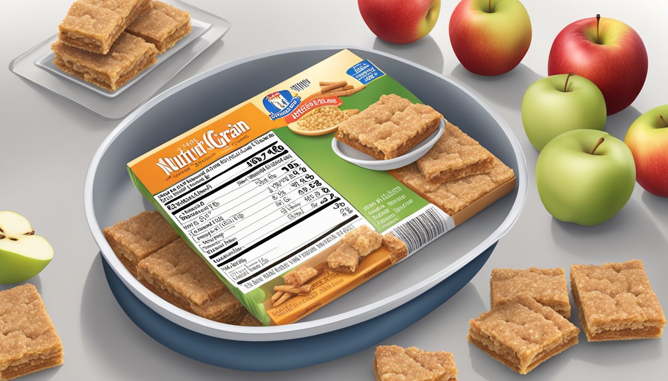 A table with Nutri-Grain Apple Cinnamon bars, a bowl of fresh apples, and a nutritional facts label