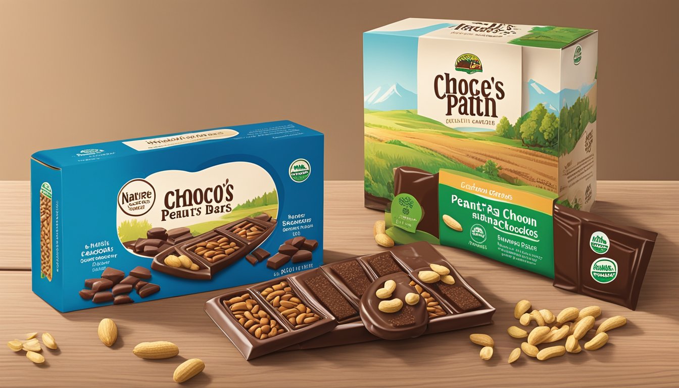 A colorful array of fresh peanuts, rich chocolate, and wholesome grains arranged on a wooden table with the Nature's Path Peanut Choco Bars packaging nearby