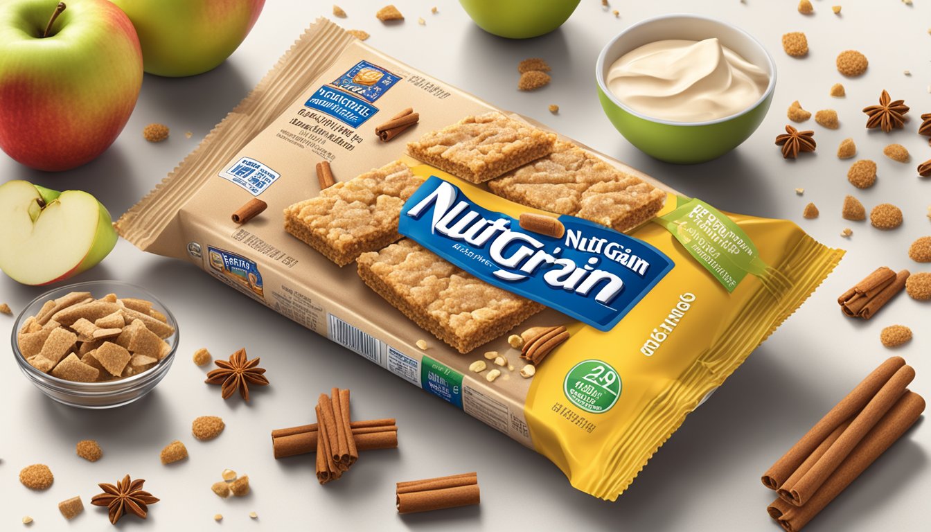 A pile of Nutri Grain apple cinnamon bars surrounded by scattered ingredients and a nutrition label