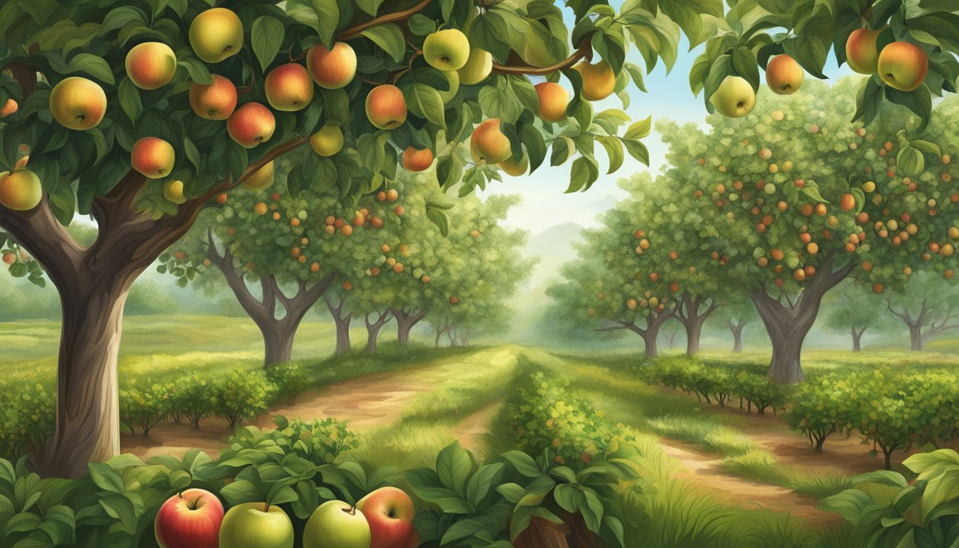 A lush apple orchard with ripe fruit hanging from the branches, surrounded by a healthy ecosystem of wildlife and plants