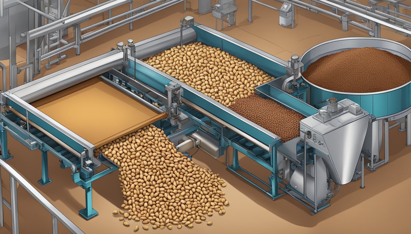 A conveyor belt transports whole peanuts and cocoa beans into a large processing machine, with various nutrient-rich ingredients being added along the way