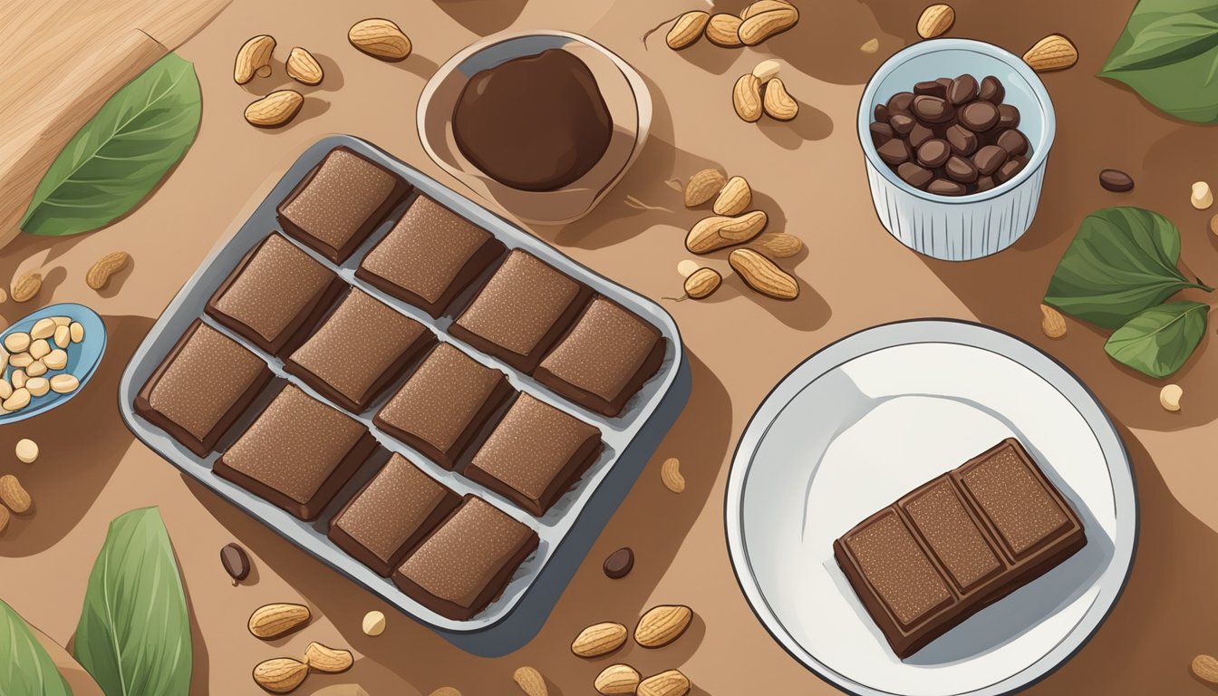 A kitchen counter with a plate of Nature's Path Peanut Choco Bars, surrounded by ingredients like peanuts and chocolate