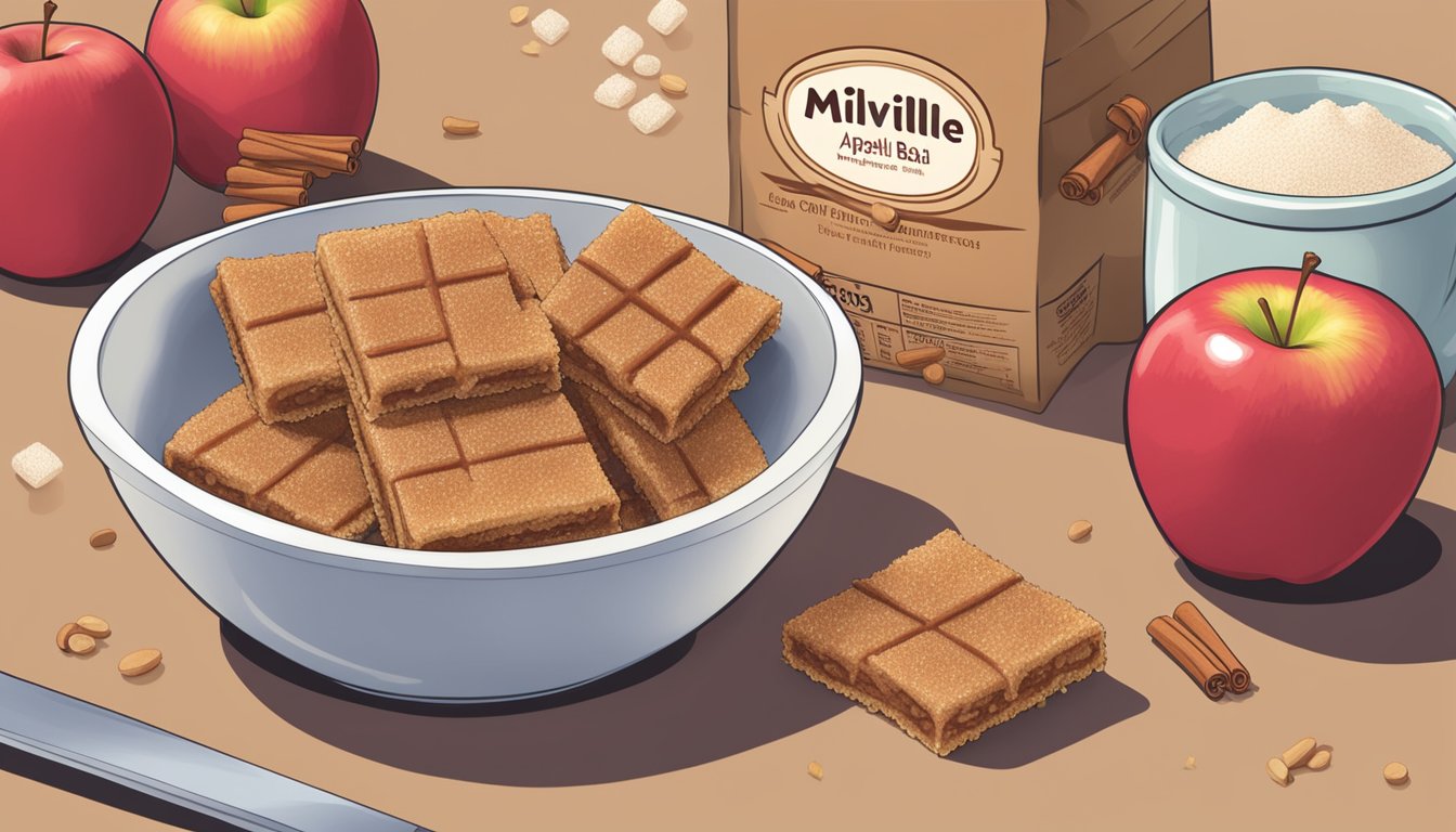 A bowl of Millville apple cinnamon bars sits next to a pile of sugar and a heap of fiber, showcasing the nutritional content