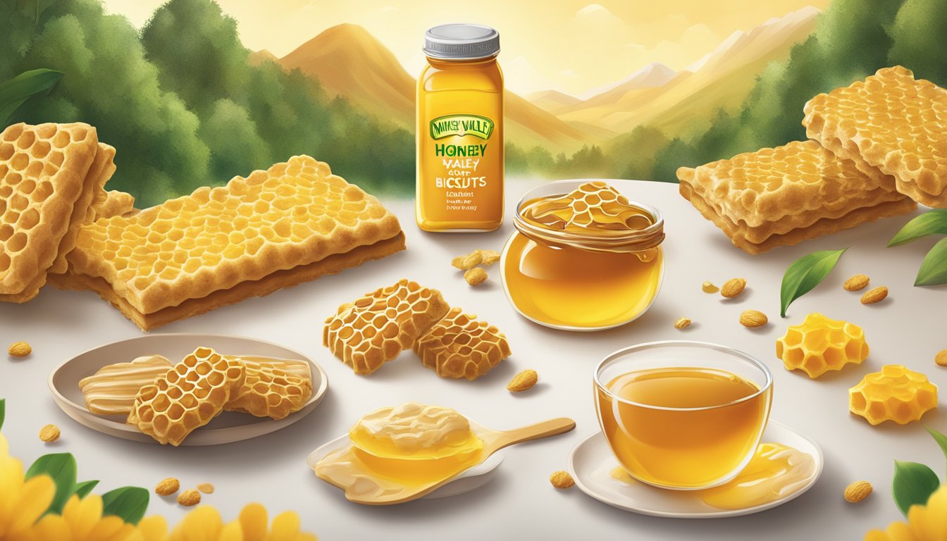 A close-up of Nature Valley honey biscuits surrounded by natural elements like honeycomb, oats, and honey drizzle