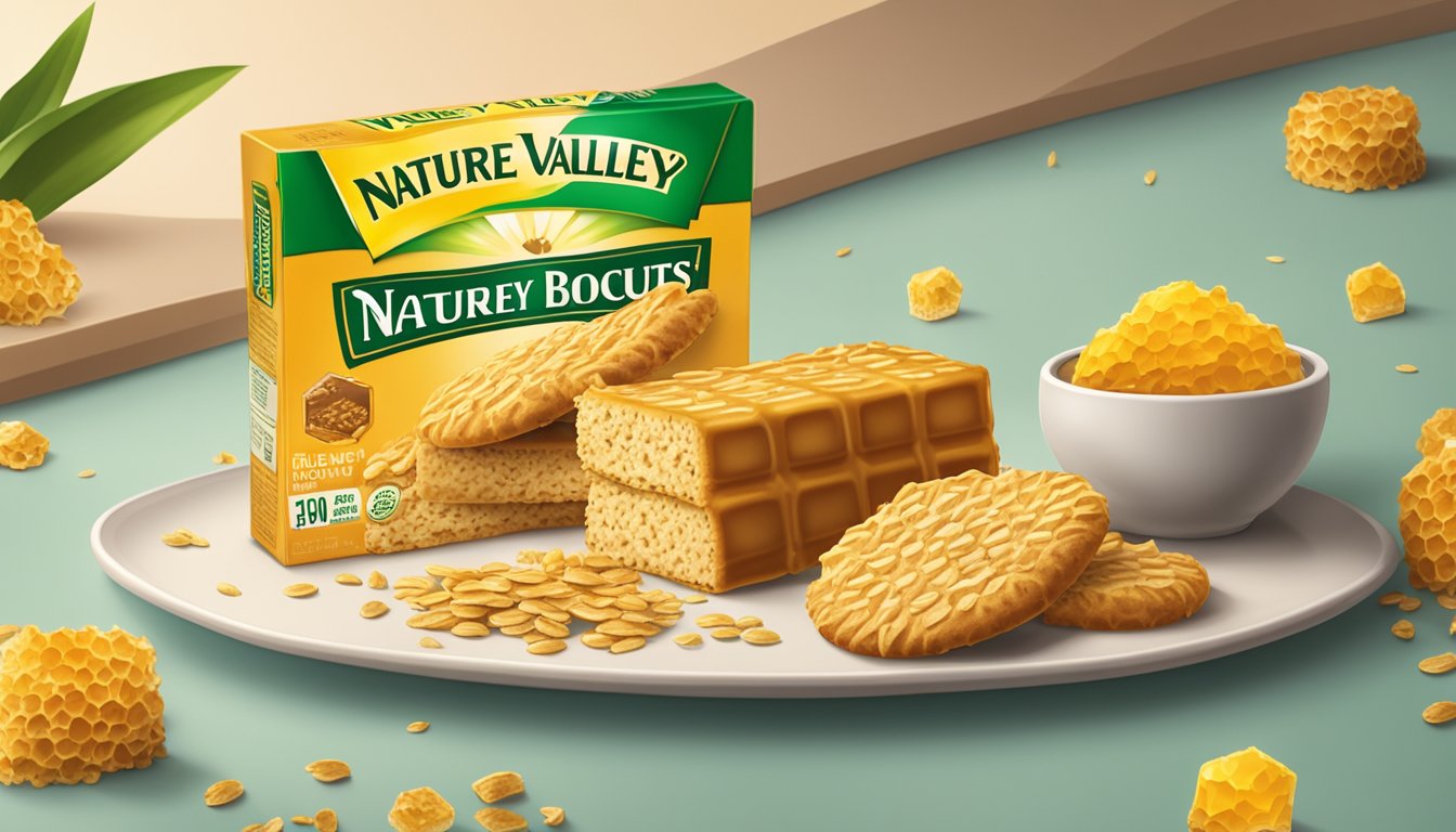 A table with a package of Nature Valley honey biscuits surrounded by scattered oats and honeycomb