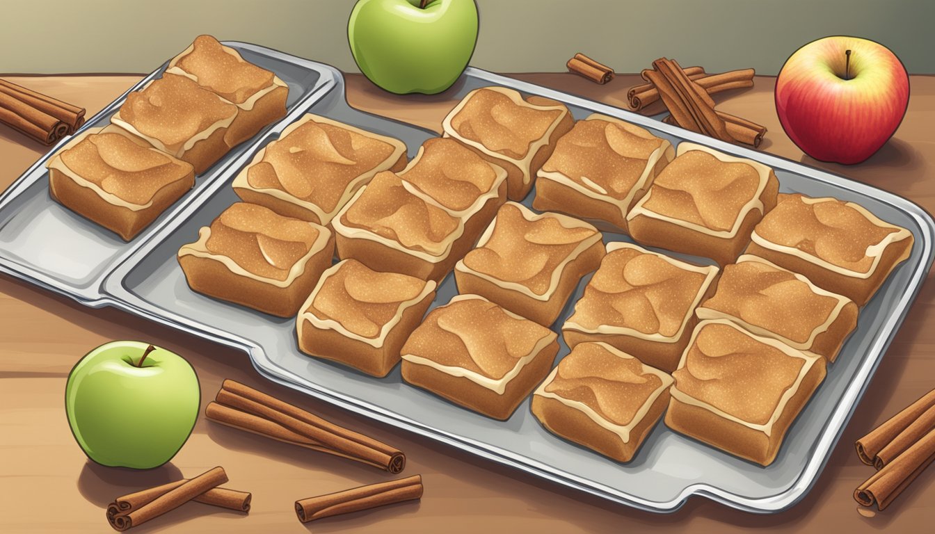 A table with Millville apple cinnamon bars, surrounded by scattered apple slices and cinnamon sticks