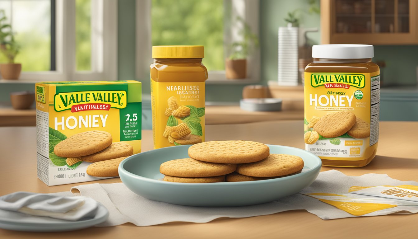 A table with a spread of Nature Valley honey biscuits and a nutritional facts label