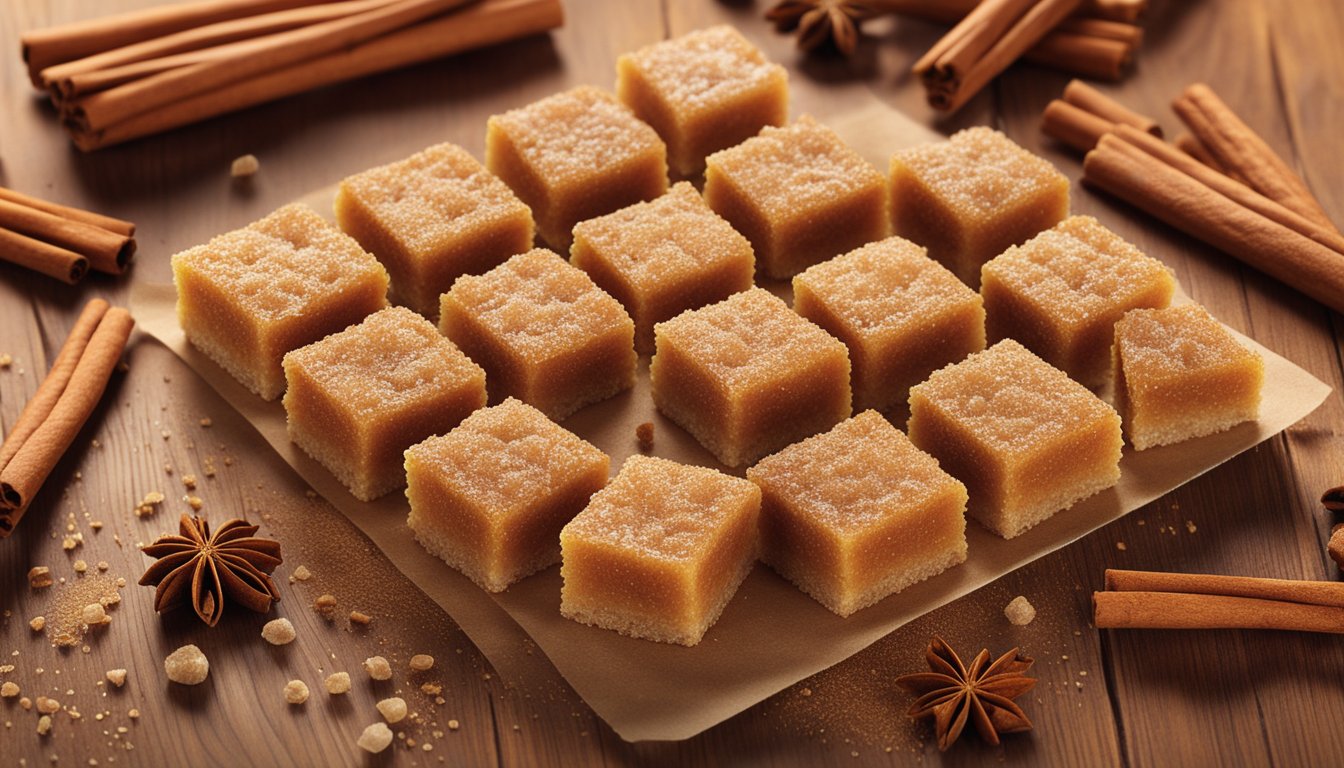 A close-up of Nature Valley Cinnamon Brown Sugar Squares surrounded by scattered cinnamon sticks and brown sugar crystals on a wooden surface