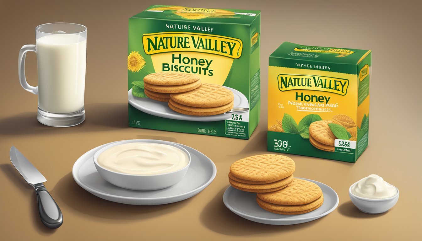 A table with a plate of Nature Valley honey biscuits, a glass of milk, and a knife, with the nutritional facts visible on the packaging