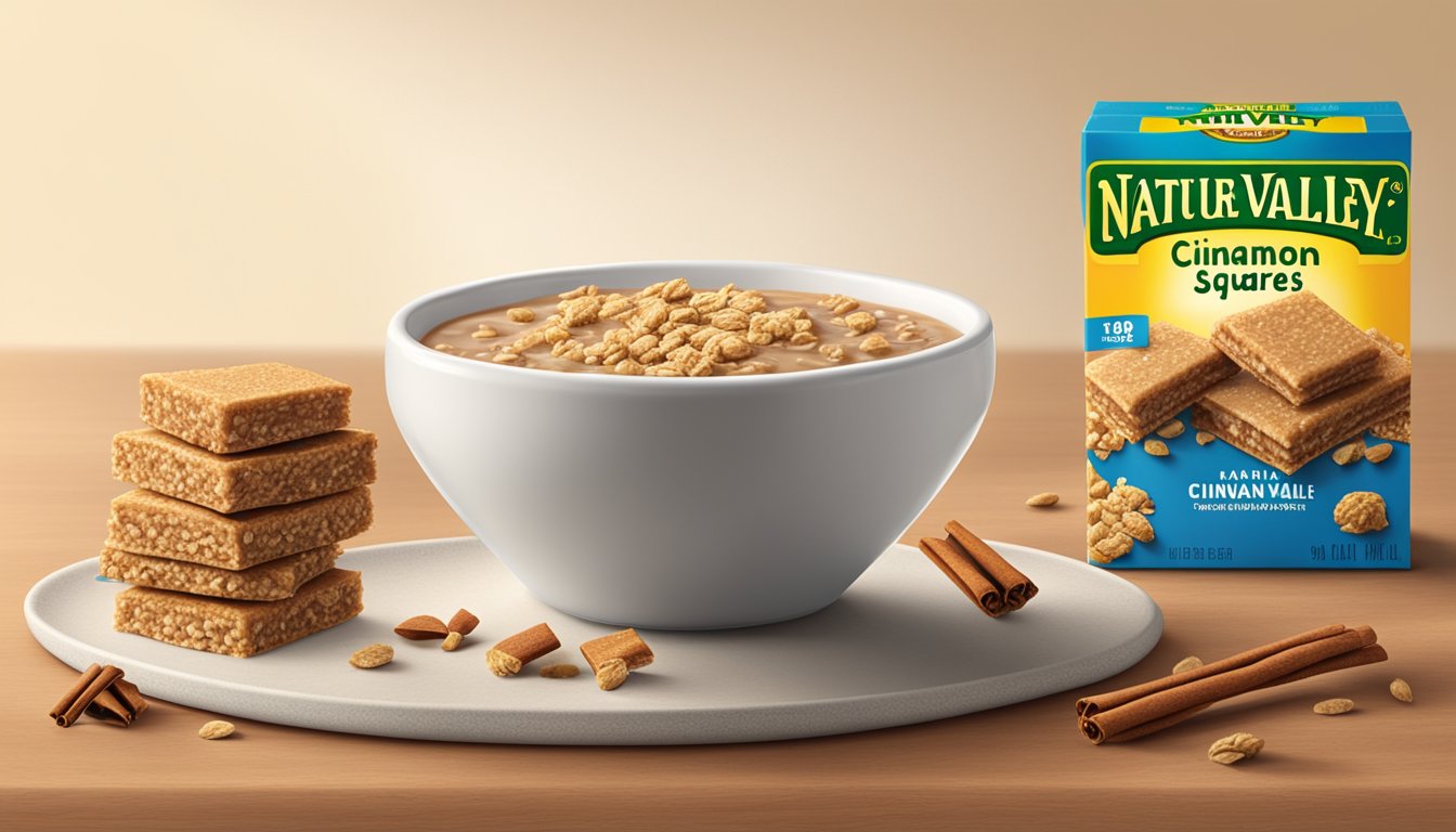 A table with a bowl of Nature Valley Cinnamon Brown Sugar Squares surrounded by scattered oats and a glass of milk