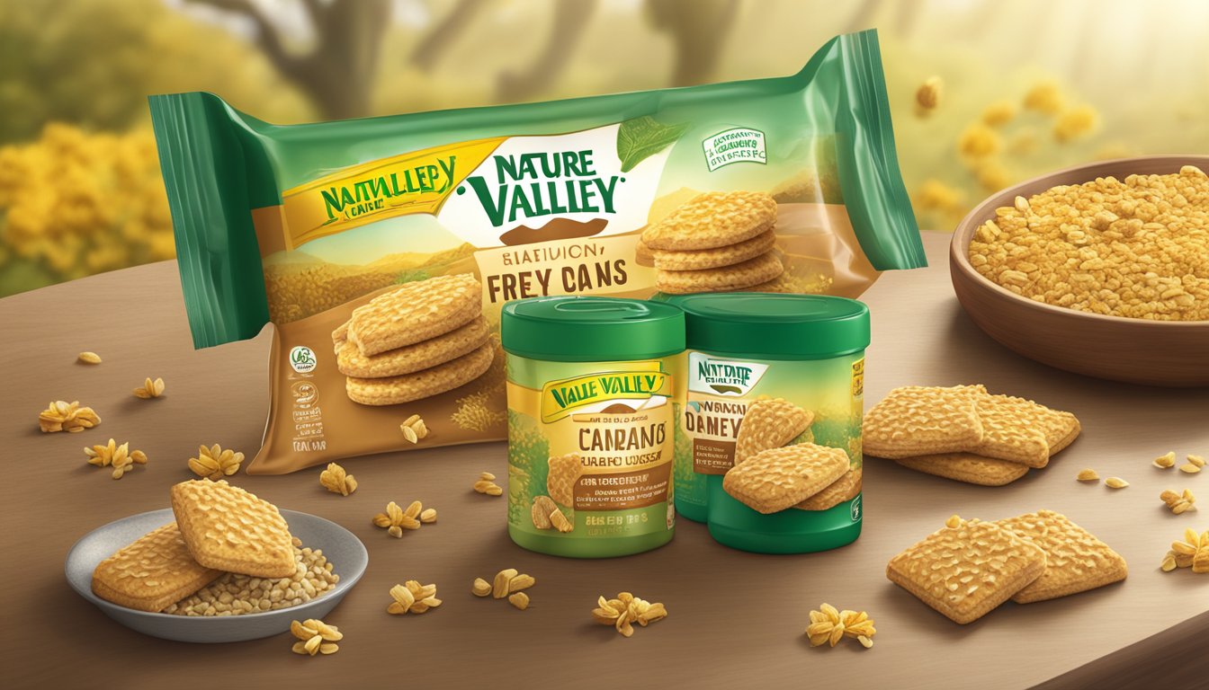 A table displaying a pack of Nature Valley honey biscuits surrounded by scattered oats and honeycomb pieces