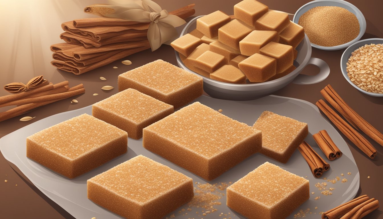 A table with scattered cinnamon brown sugar squares, surrounded by ingredients like oats, sugar, and cinnamon sticks