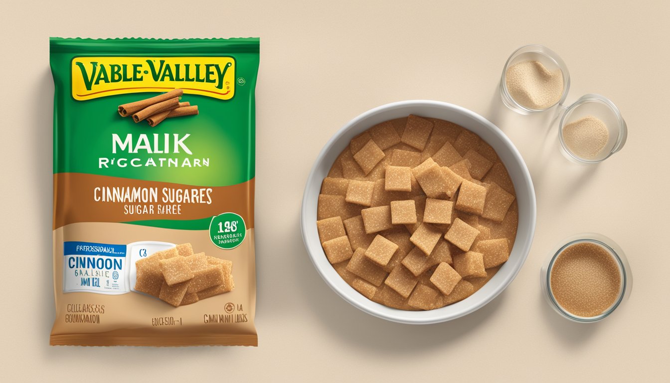 A table with a bowl of Nature Valley cinnamon brown sugar squares, a glass of milk, and a nutrition label