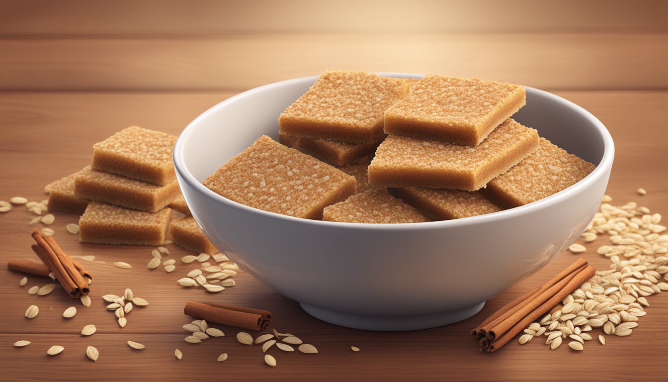 A bowl of Nature Valley cinnamon brown sugar squares surrounded by scattered oats and a sprig of cinnamon on a wooden table