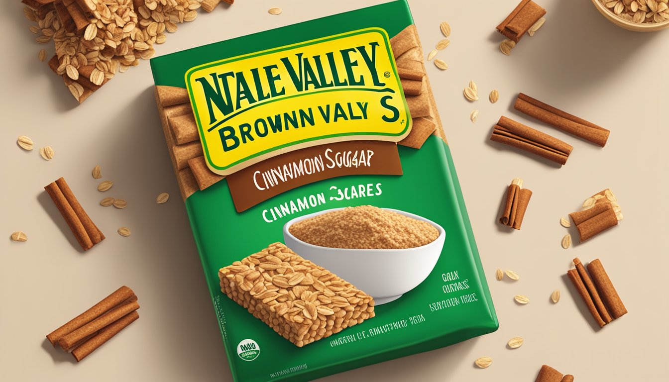 A table with a box of Nature Valley Cinnamon Brown Sugar Squares surrounded by scattered oats and cinnamon sticks