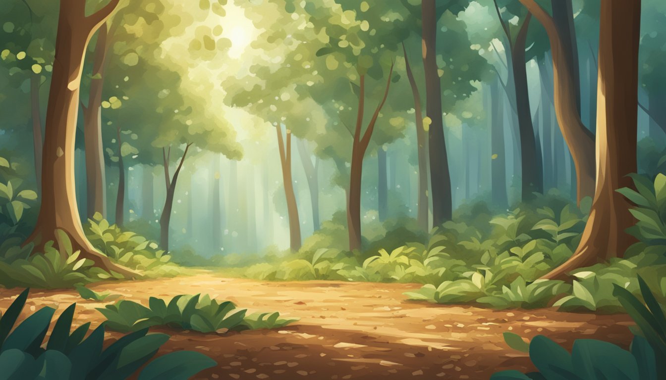 A serene forest clearing with a scattering of cinnamon sticks and brown sugar crystals on the ground, surrounded by lush greenery and dappled sunlight