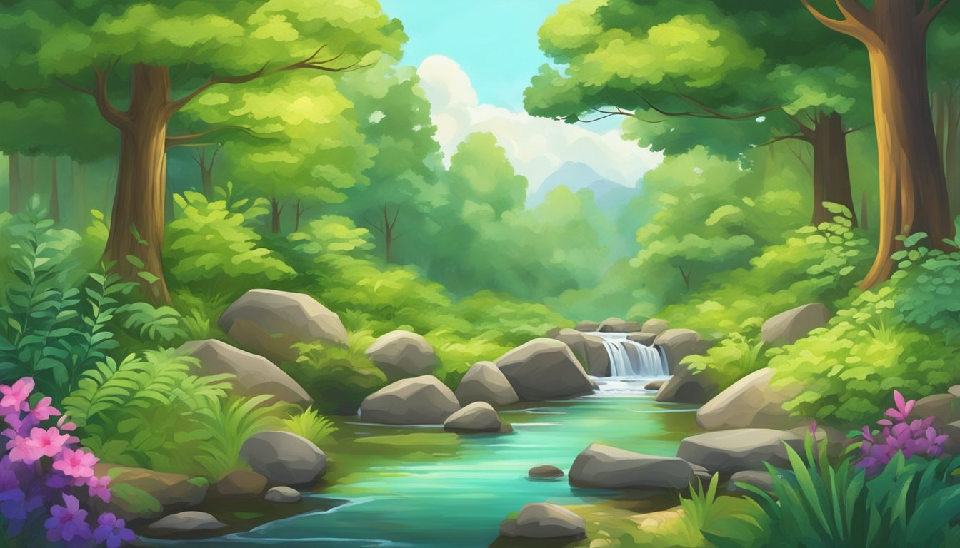 A serene forest scene with a clear stream, lush green trees, and a variety of wildlife coexisting peacefully