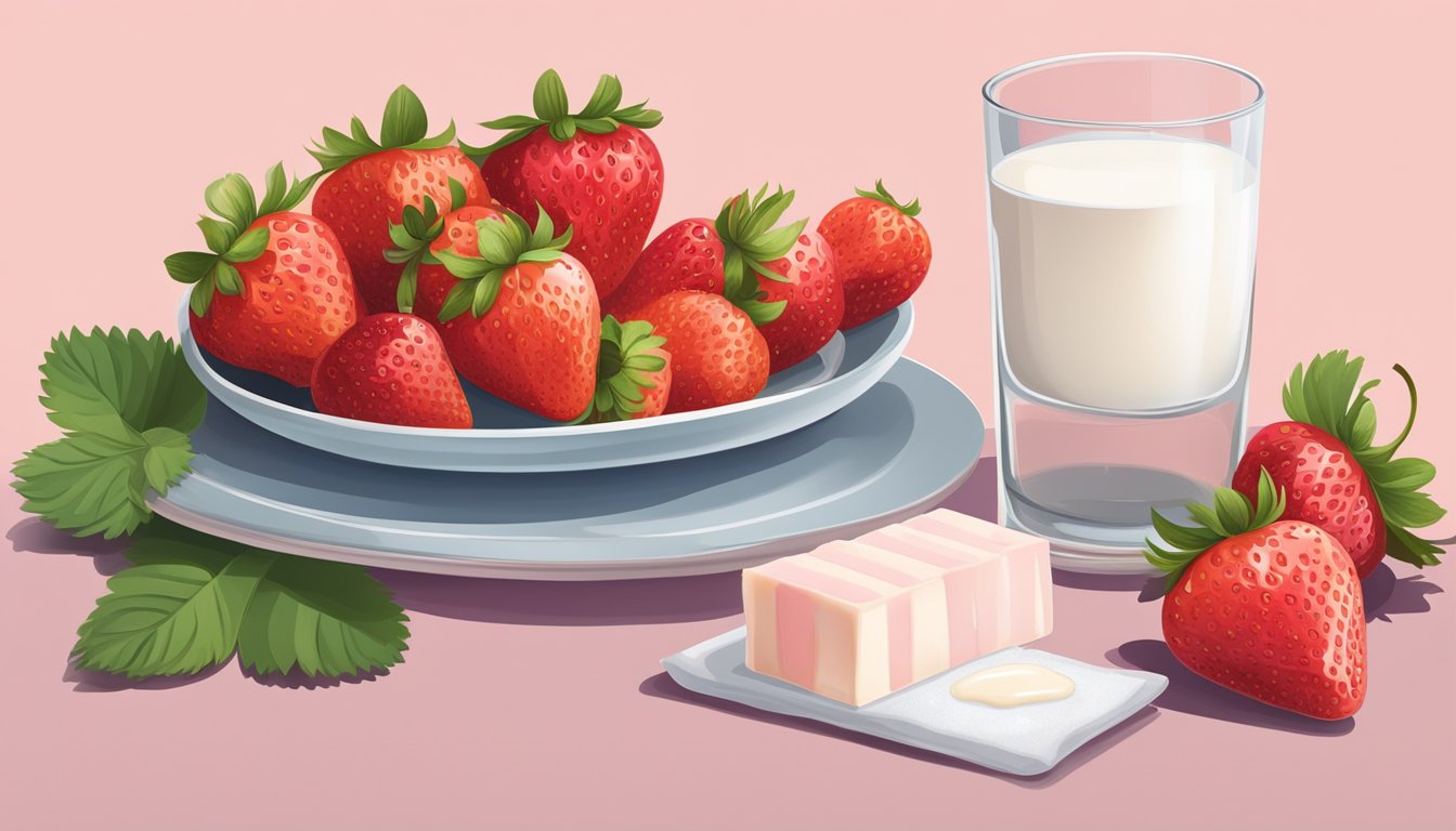 A plate of strawberry bars surrounded by fresh strawberries and a glass of milk