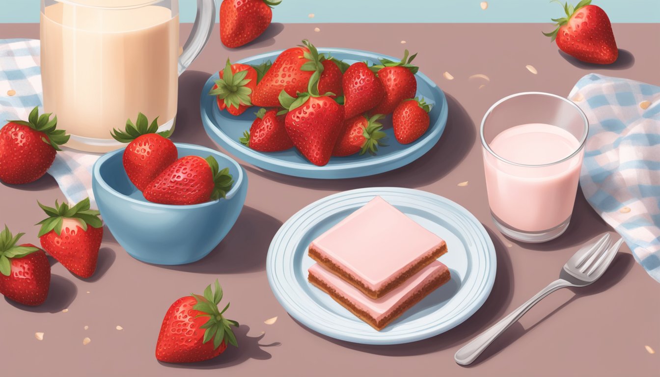 A table with a plate of Kroger strawberry bars, surrounded by scattered strawberries and a glass of milk