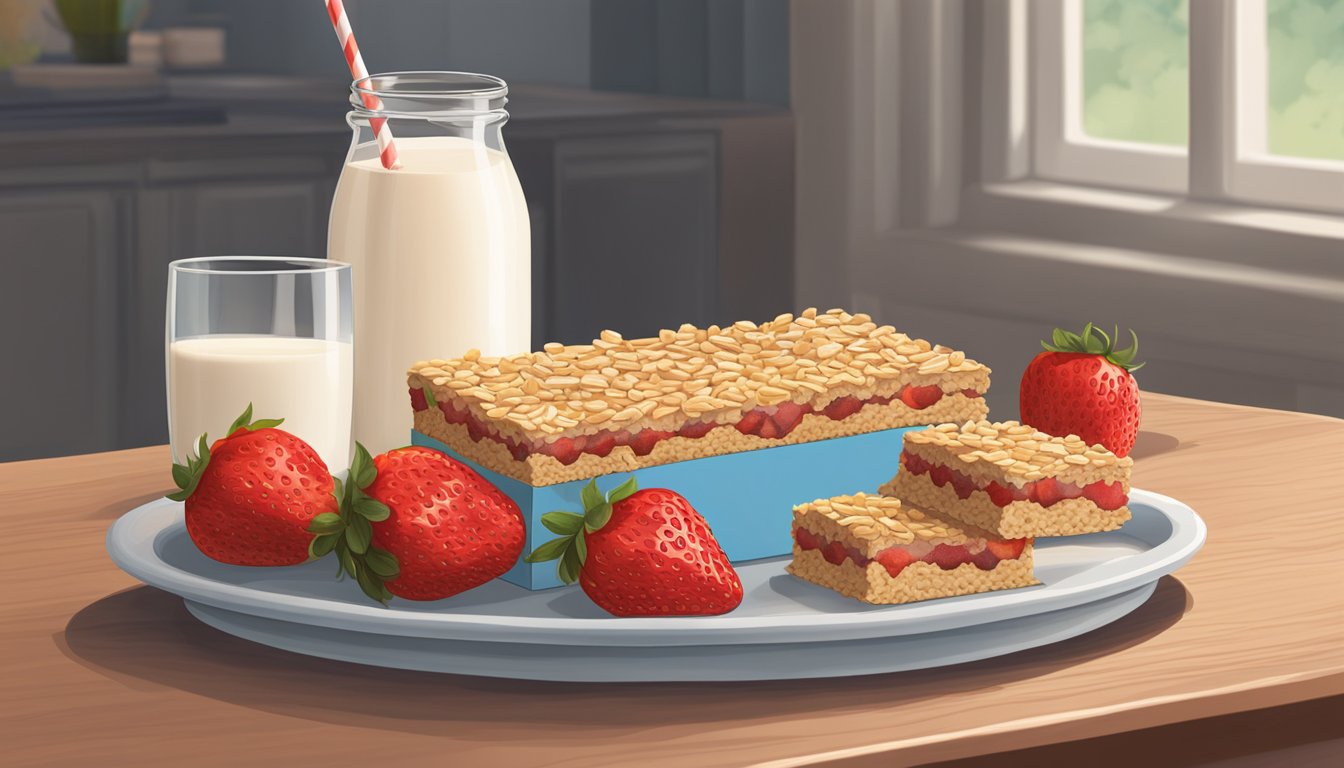 A table with a box of Millville strawberry bars, surrounded by fresh strawberries, oats, and a glass of milk