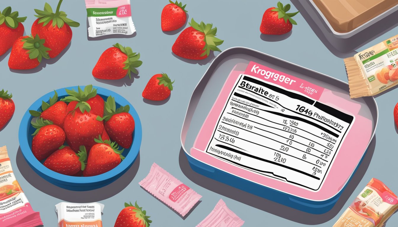 A table with various nutritional information labels, including a box of Kroger strawberry bars, surrounded by scattered strawberries and a measuring scale