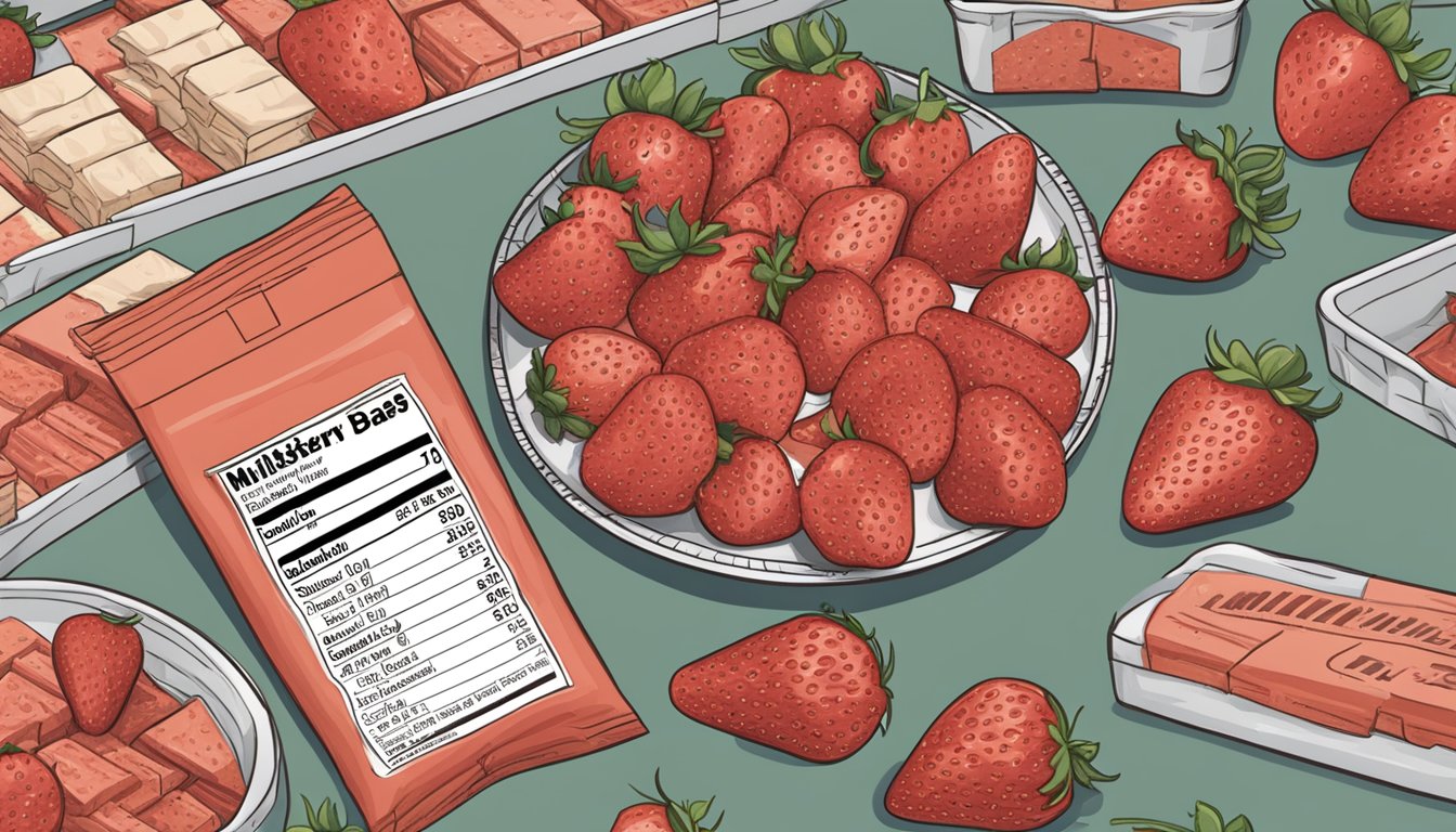 A table with a box of Millville strawberry bars, a nutrition label, and scattered strawberries