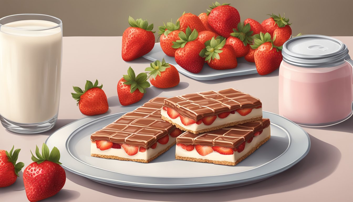 A table with a package of Millville strawberry bars, surrounded by fresh strawberries and a glass of milk