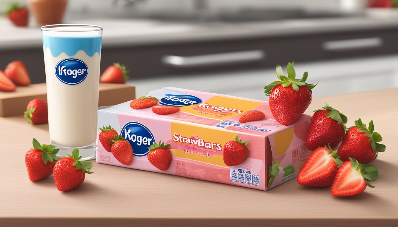 A colorful box of Kroger strawberry bars surrounded by fresh strawberries and a glass of milk on a kitchen counter