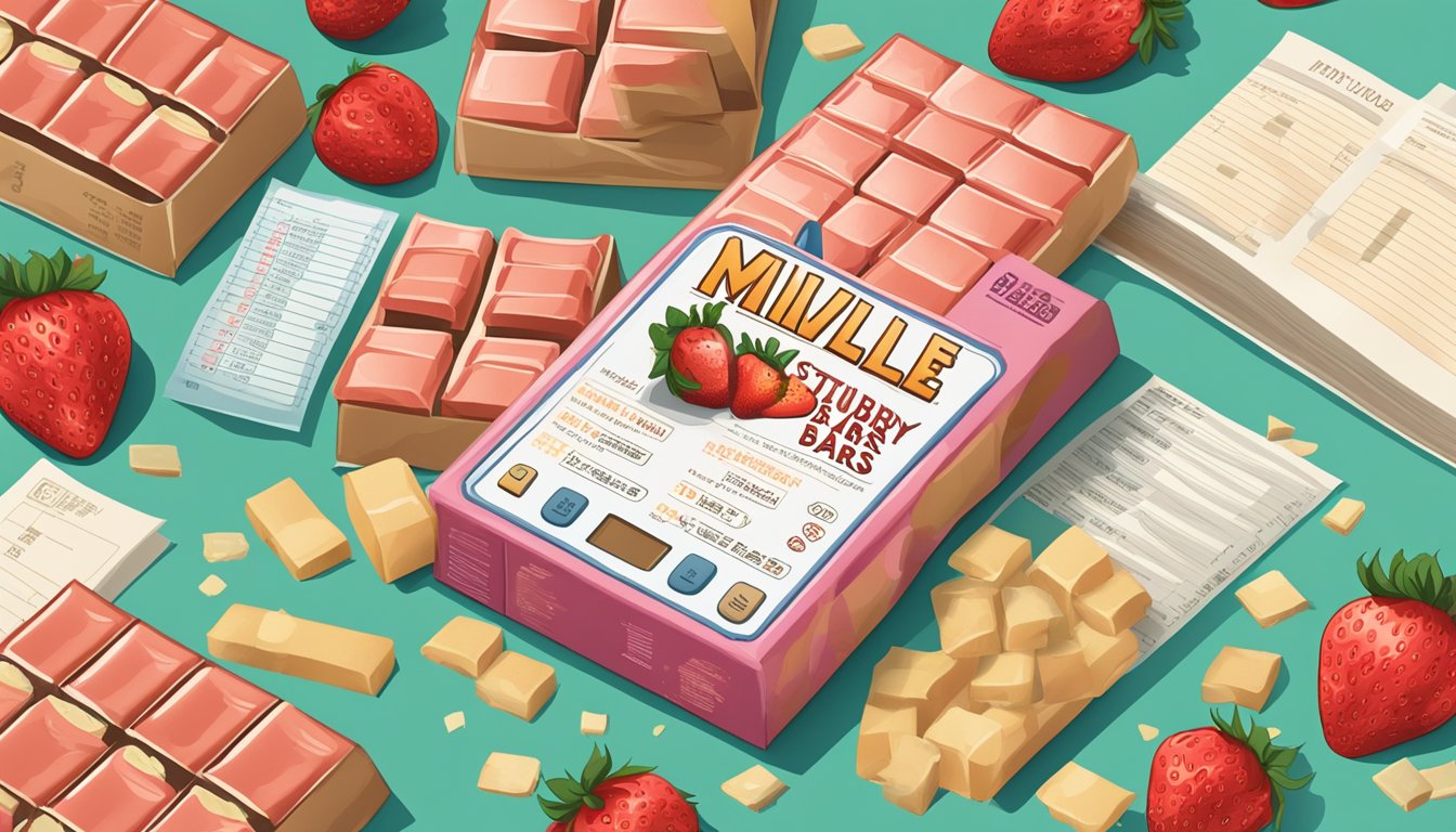 A table with a box of Millville strawberry bars, surrounded by scattered nutritional facts and a calculator