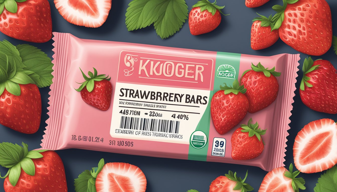 A package of Kroger strawberry bars surrounded by fresh strawberries and a nutrition label