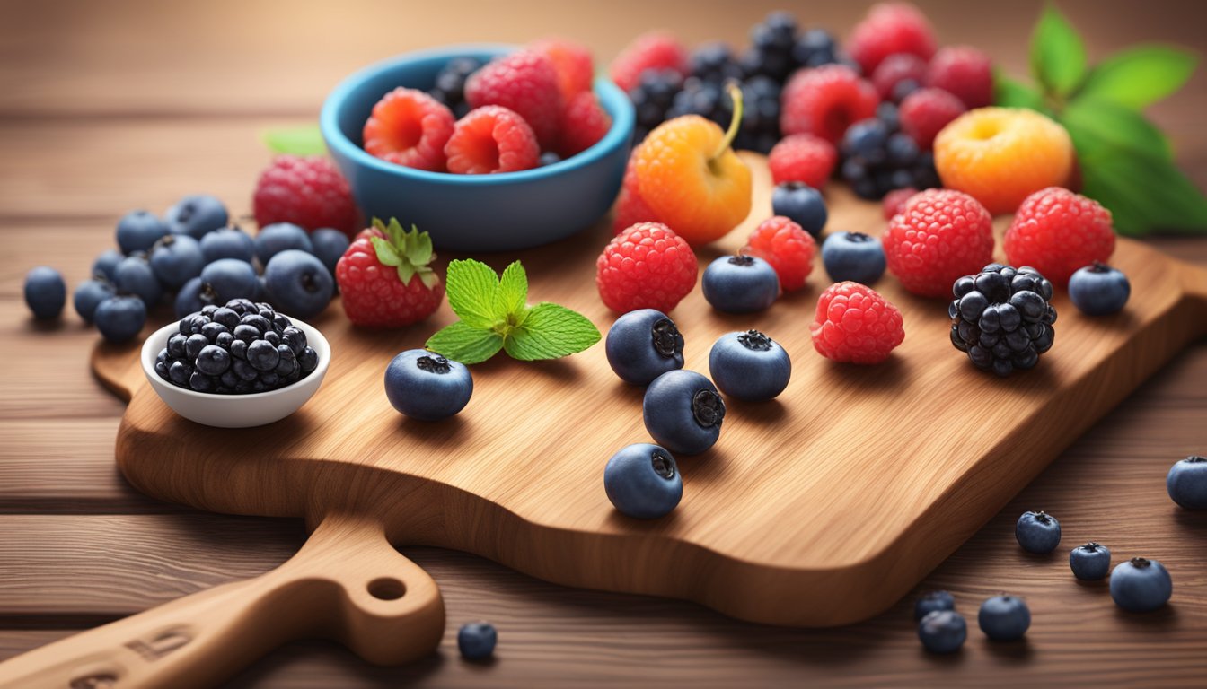 A colorful array of fresh mixed berries arranged on a wooden cutting board, with a nutrition label next to them