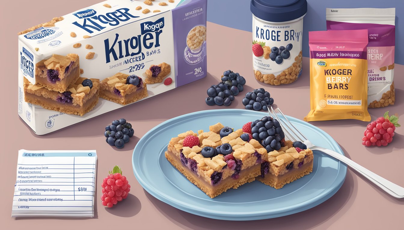 A table with a box of Kroger mixed berry bars, surrounded by scattered berries and a nutritional breakdown chart