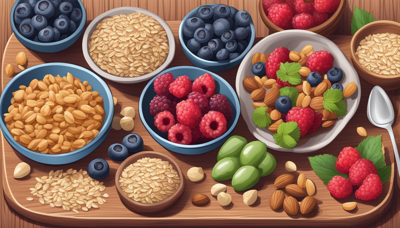 A colorful array of fresh mixed berries, oats, and nuts arranged on a wooden cutting board, with a nutritional label beside it