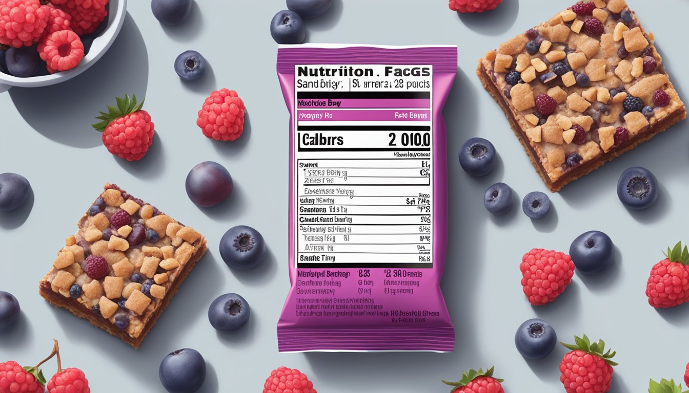 A table displaying nutritional labels of Kroger mixed berry bars, surrounded by scattered berries and a measuring tape for comparison