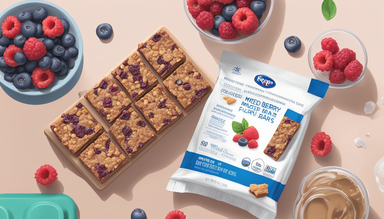 A kitchen counter with a box of Kroger mixed berry bars, surrounded by scattered nutritional facts and a glass of water