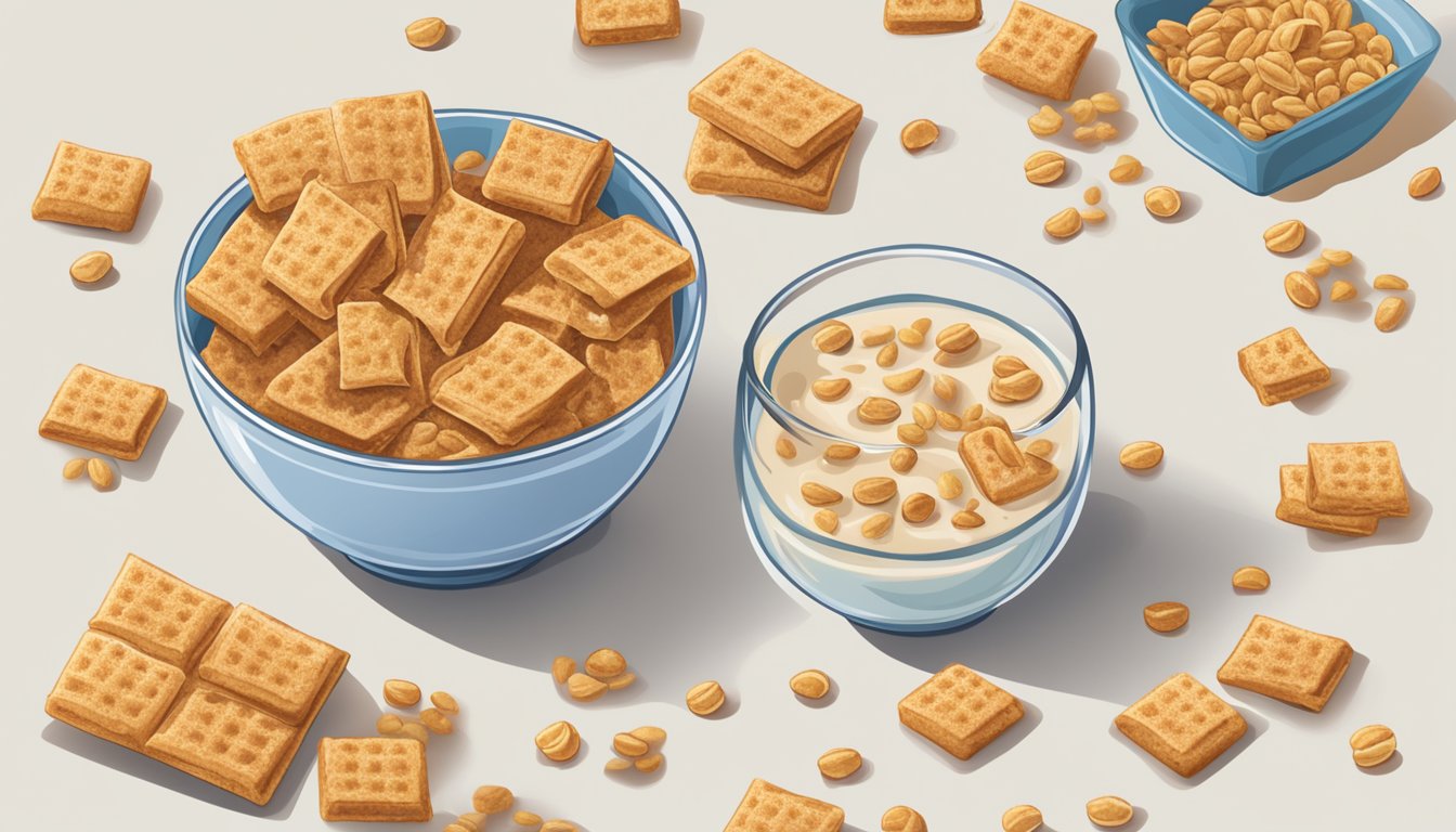 A bowl of cinnamon toast crunch bars surrounded by scattered cereal pieces and a glass of milk