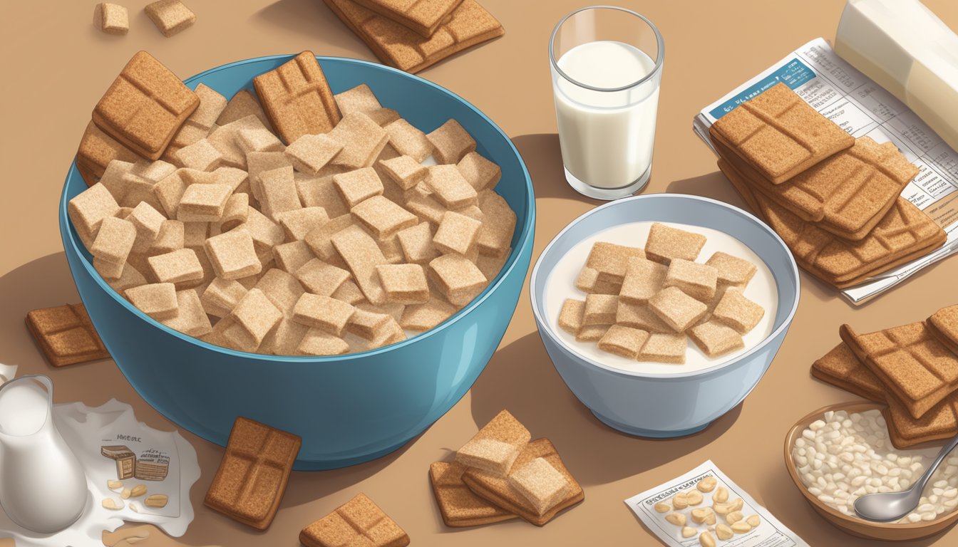 A bowl of cinnamon toast crunch bars surrounded by nutritional facts and ingredients, with a glass of milk on the side