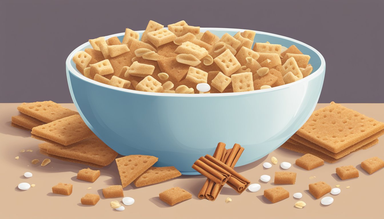 A bowl of cinnamon toast crunch bars surrounded by scattered cereal pieces and a glass of milk