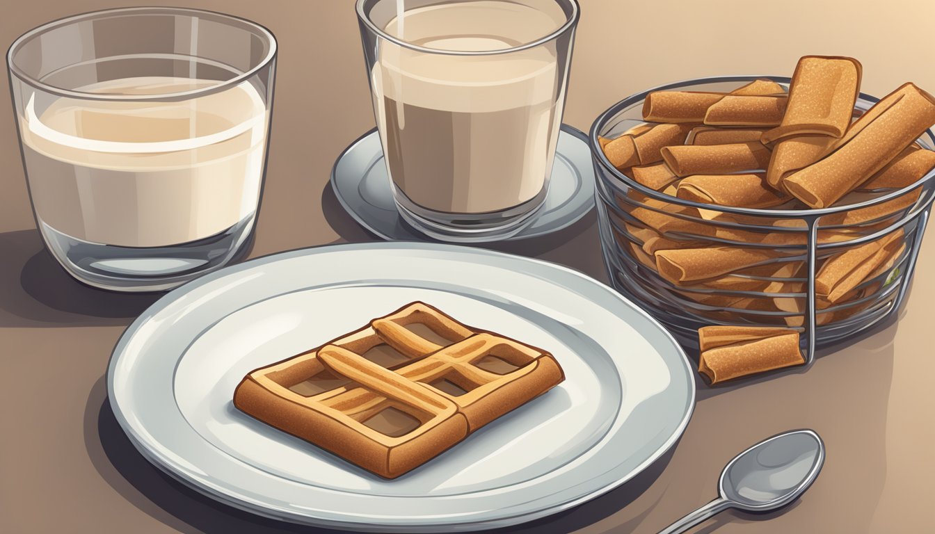 A table with a cinnamon toast crunch bar, a plate of cinnamon sticks, and a glass of milk