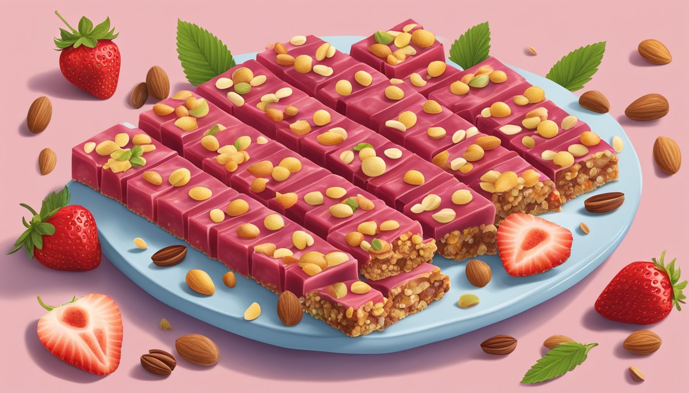 A table displaying Kashi strawberry bars surrounded by various fruits and nuts